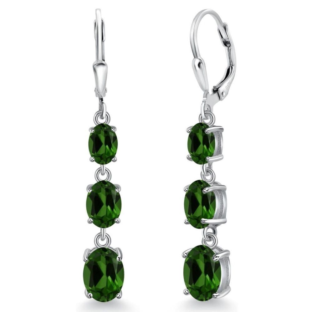 925 Sterling Silver with 4.90 Cttw 3 Stone Chrome Diopside Leverback Earrings